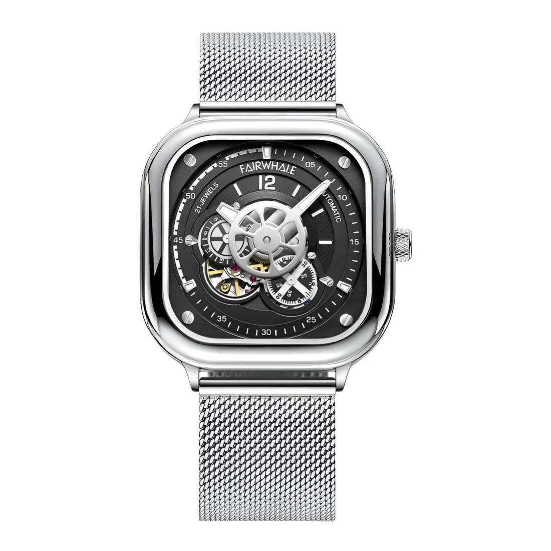 Mark Fairwhale AUREOXIS Binary Two Tone – Stainless steel square automatic watch with hollow-out skeleton dial and Milanese mesh strap