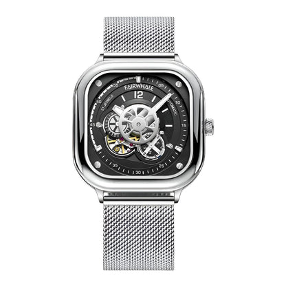 Mark Fairwhale AUREOXIS Binary Two Tone – Stainless steel square automatic watch with hollow-out skeleton dial and Milanese mesh strap