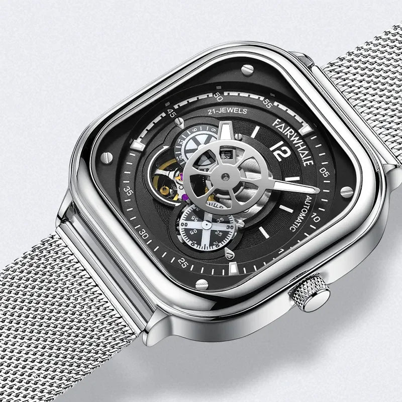 Mark Fairwhale AUREOXIS Binary Two Tone – Stainless steel square automatic watch with hollow-out skeleton dial and Milanese mesh strap