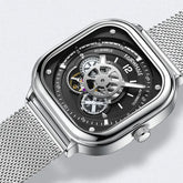 Mark Fairwhale AUREOXIS Binary Two Tone – Stainless steel square automatic watch with hollow-out skeleton dial and Milanese mesh strap