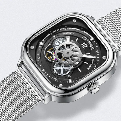 Mark Fairwhale AUREOXIS Binary Two Tone – Stainless steel square automatic watch with hollow-out skeleton dial and Milanese mesh strap