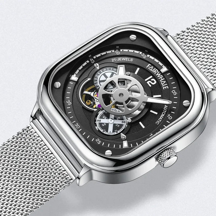 Mark Fairwhale AUREOXIS Binary Two Tone – Stainless steel square automatic watch with hollow-out skeleton dial and Milanese mesh strap