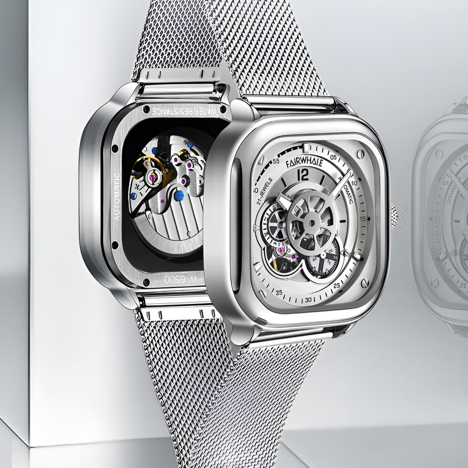 Mark Fairwhale AUREOXIS Luminar – Silver-tone automatic watch with luminous hands and open-heart movement, minimalist square design for men