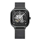 Mark Fairwhale AUREOXIS Nocturne – Black stainless steel automatic watch with dark skeleton dial and reflective Hardlex crystal
