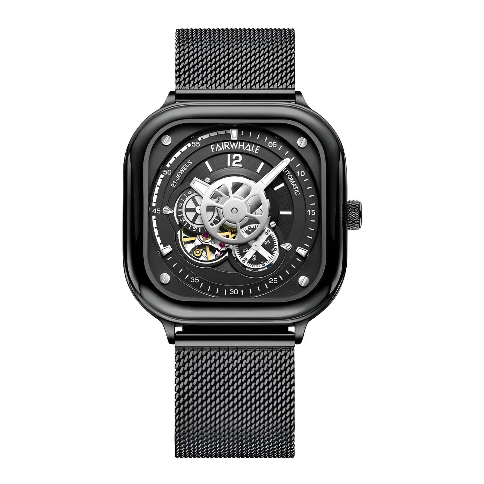 Mark Fairwhale AUREOXIS Nocturne – Black stainless steel automatic watch with dark skeleton dial and reflective Hardlex crystal