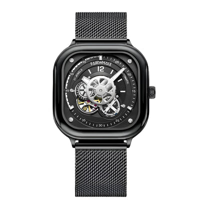 Mark Fairwhale AUREOXIS Nocturne – Black stainless steel automatic watch with dark skeleton dial and reflective Hardlex crystal