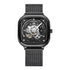 Mark Fairwhale AUREOXIS Nocturne – Black stainless steel automatic watch with dark skeleton dial and reflective Hardlex crystal
