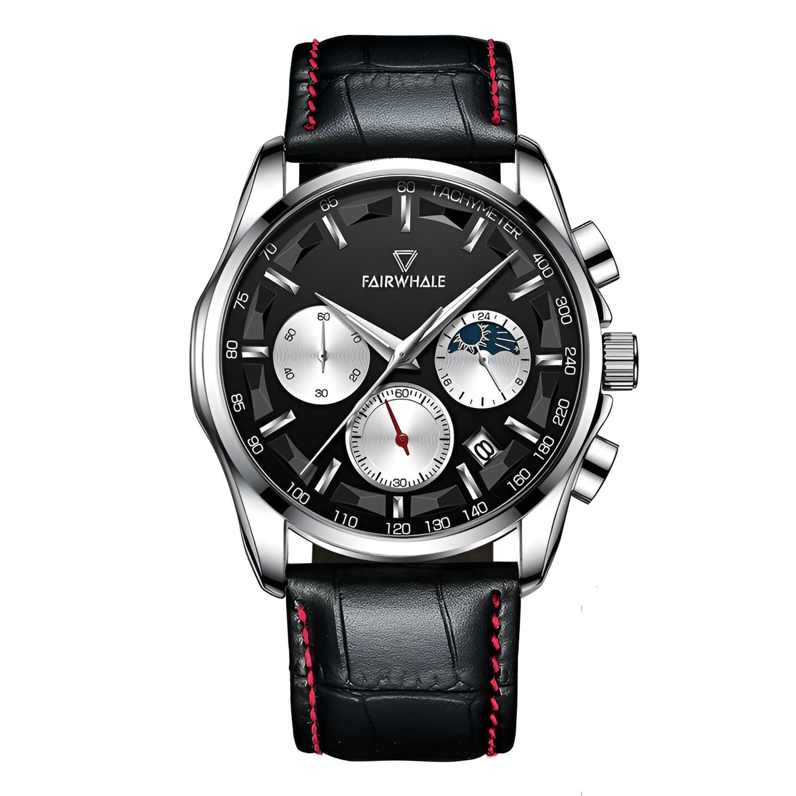 Mark Fairwhale AURION FW-5370 moon phase chronograph watch close-up with water droplets highlighting stainless steel case