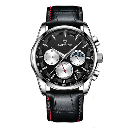 Mark Fairwhale AURION FW-5370 moon phase chronograph watch close-up with water droplets highlighting stainless steel case