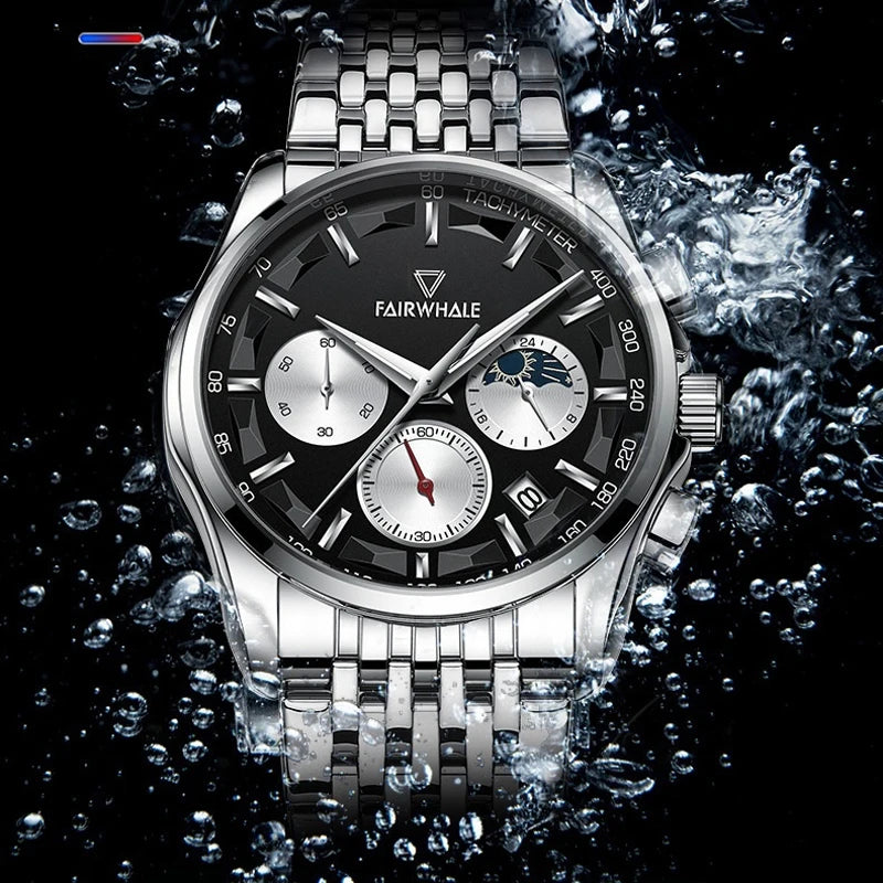 Mark Fairwhale AURION FW-5360 moon phase chronograph watch close-up with water droplets highlighting stainless steel case