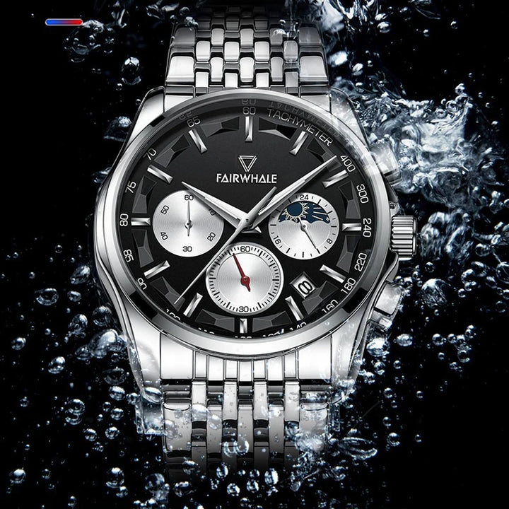 Mark Fairwhale AURION FW-5360 moon phase chronograph watch close-up with water droplets highlighting stainless steel case