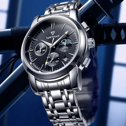 Mark Fairwhale AURION FW-5360 moon phase chronograph watch close-up with water droplets highlighting stainless steel case