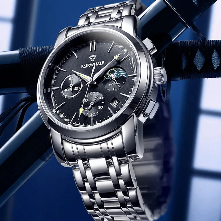 Mark Fairwhale AURION FW-5360 moon phase chronograph watch close-up with water droplets highlighting stainless steel case