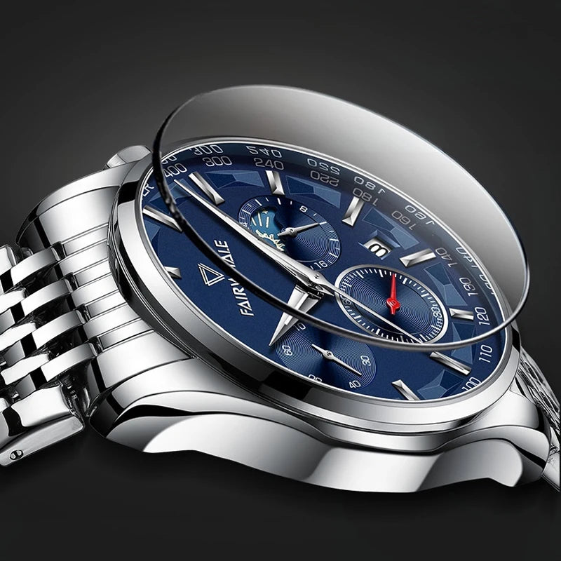 Mark Fairwhale AURION FW-5360 moon phase chronograph watch close-up with water droplets highlighting stainless steel case