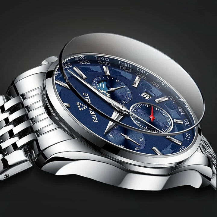 Mark Fairwhale AURION FW-5360 moon phase chronograph watch close-up with water droplets highlighting stainless steel case