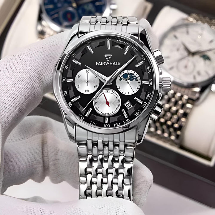 Mark Fairwhale AURION FW-5360 moon phase chronograph watch close-up with water droplets highlighting stainless steel case