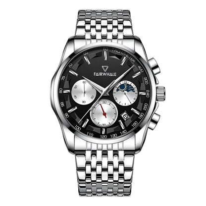 Mark Fairwhale AURION FW-5360 moon phase chronograph watch close-up with water droplets highlighting stainless steel case