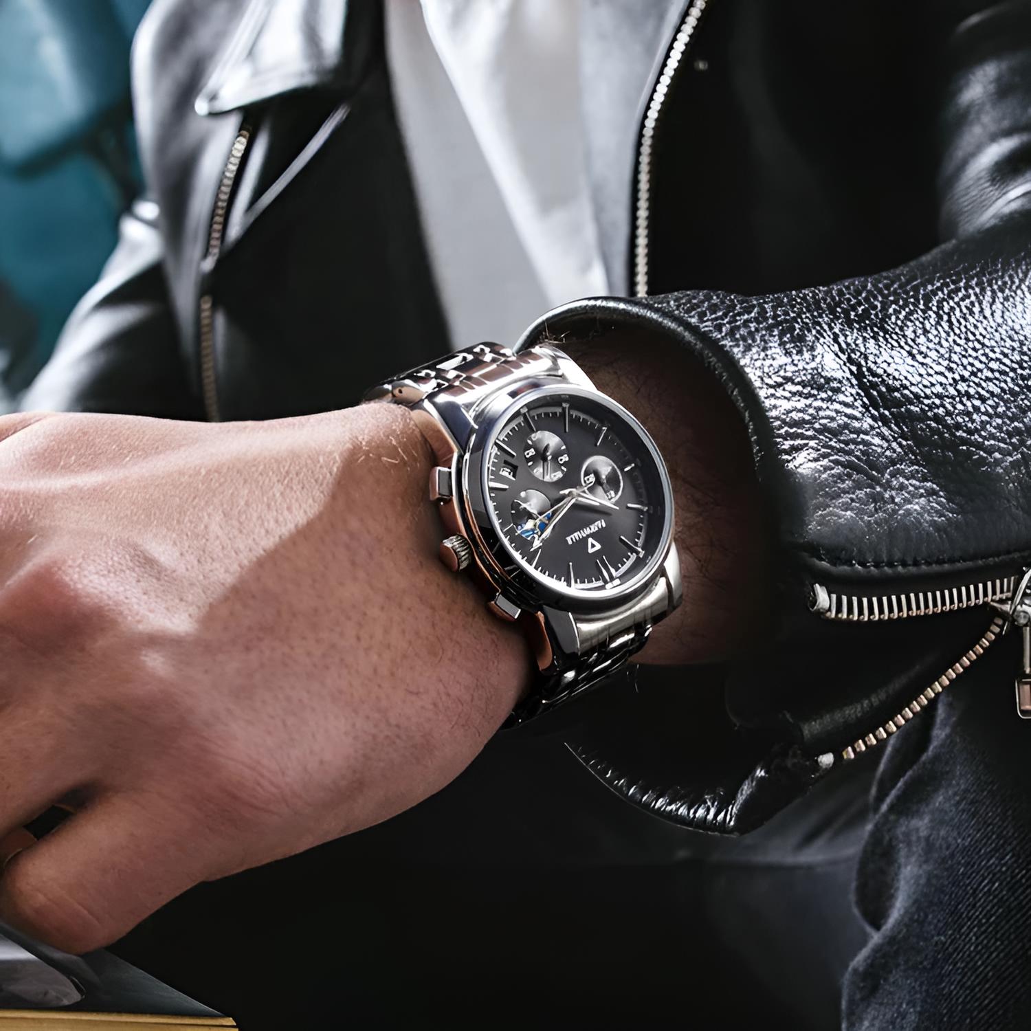 Mark Fairwhale AURION FW-5360 moon phase chronograph watch close-up with water droplets highlighting stainless steel case