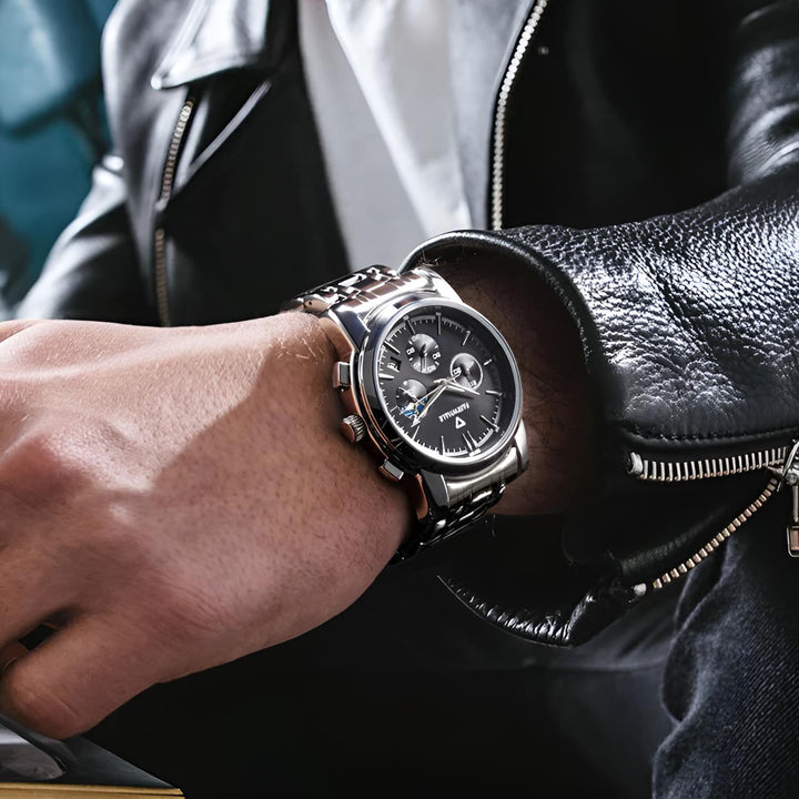 Mark Fairwhale AURION FW-5360 moon phase chronograph watch close-up with water droplets highlighting stainless steel case