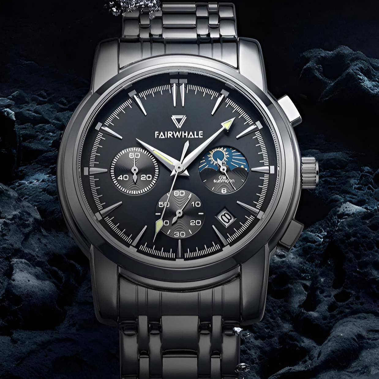 Mark Fairwhale AURION FW-5370 moon phase chronograph watch close-up with water droplets highlighting stainless steel case
