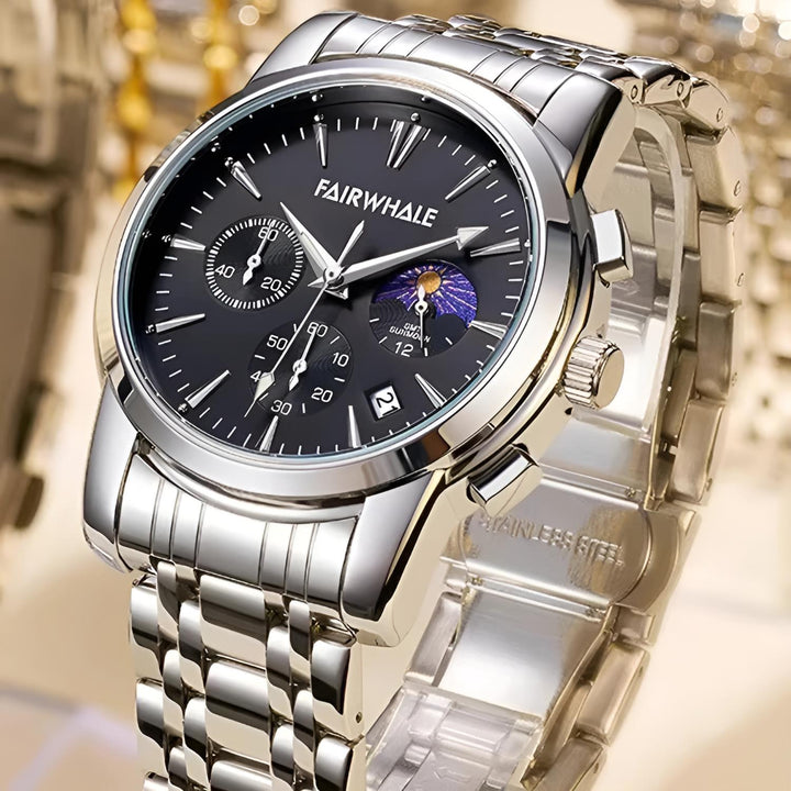 Mark Fairwhale AURION FW-5370 moon phase chronograph watch close-up with water droplets highlighting stainless steel case