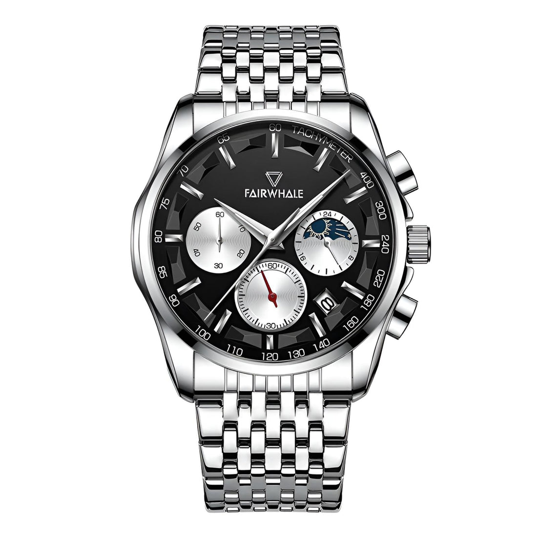 Mark Fairwhale AURION FW-5370 moon phase chronograph watch close-up with water droplets highlighting stainless steel case