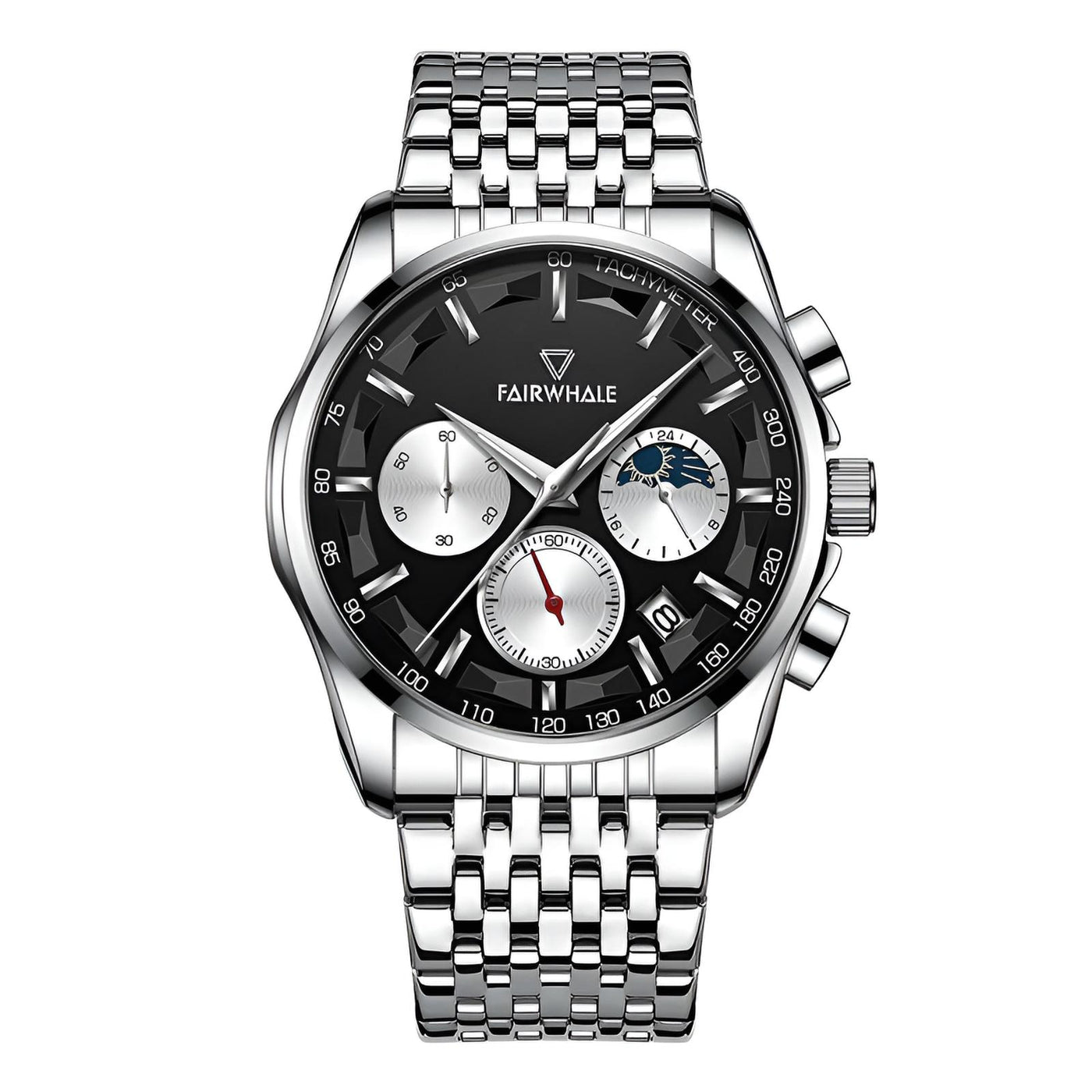 Mark Fairwhale AURION FW-5370 moon phase chronograph watch close-up with water droplets highlighting stainless steel case