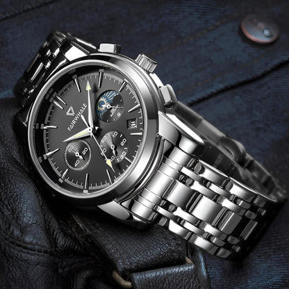 Mark Fairwhale AURION FW-5360 moon phase chronograph watch close-up with water droplets highlighting stainless steel case