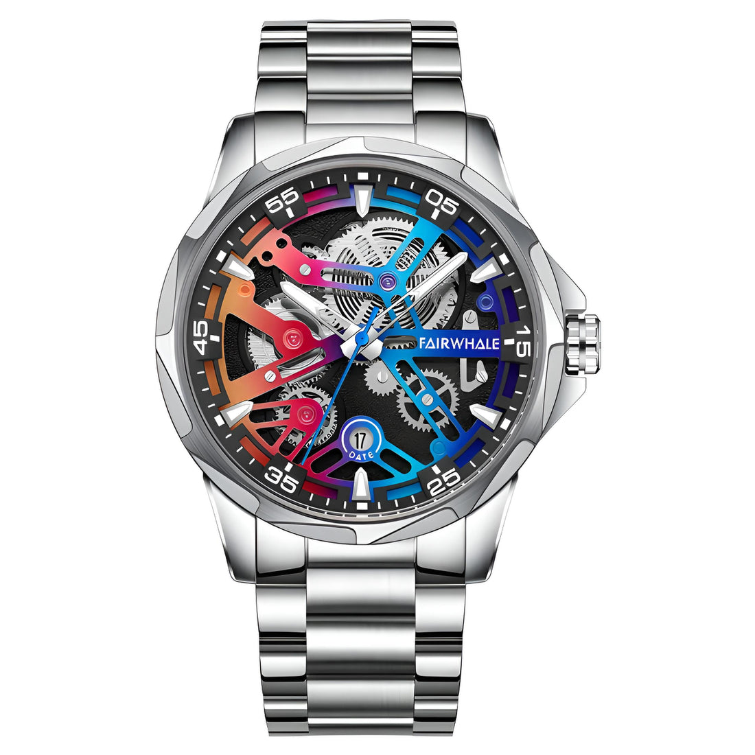 Mark Fairwhale AURIX Aurora Imperial – Silver-tone automatic calendar watch for men with stainless steel bracelet and luminous hands