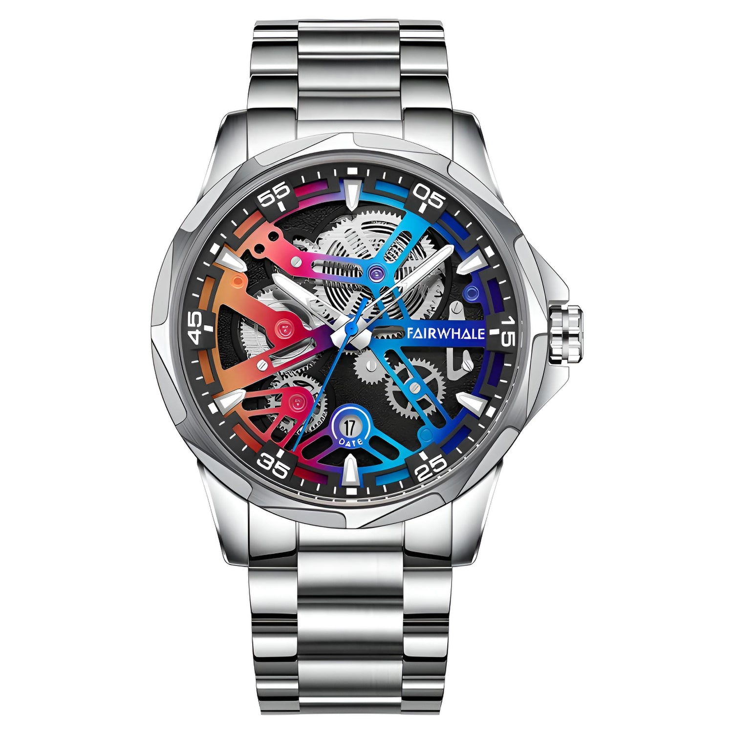 Mark Fairwhale AURIX Aurora Imperial – Silver-tone automatic calendar watch for men with stainless steel bracelet and luminous hands