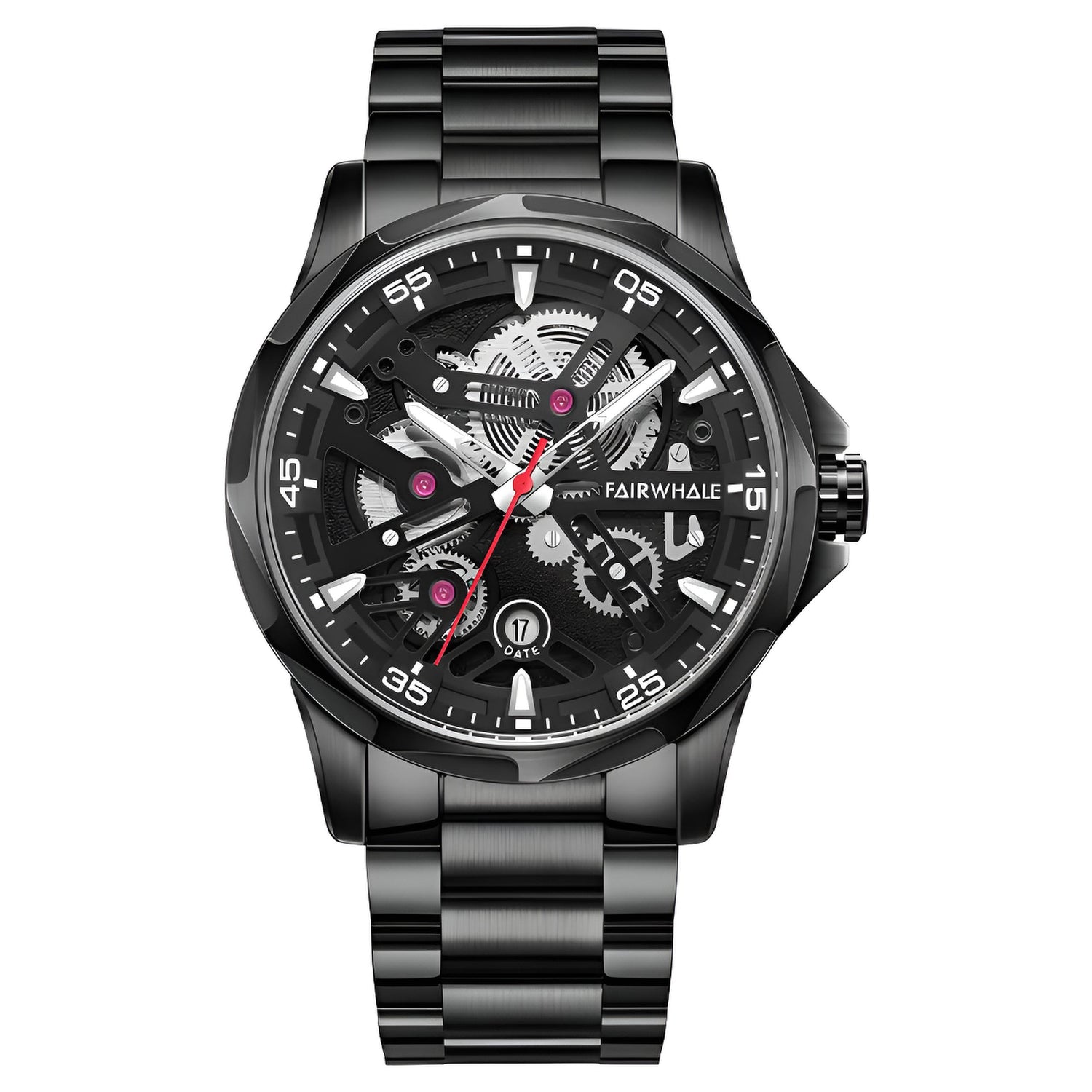 Mark Fairwhale AURIX Obsidian Axis – Black stainless steel automatic watch for men, numberless dial with luminous markers