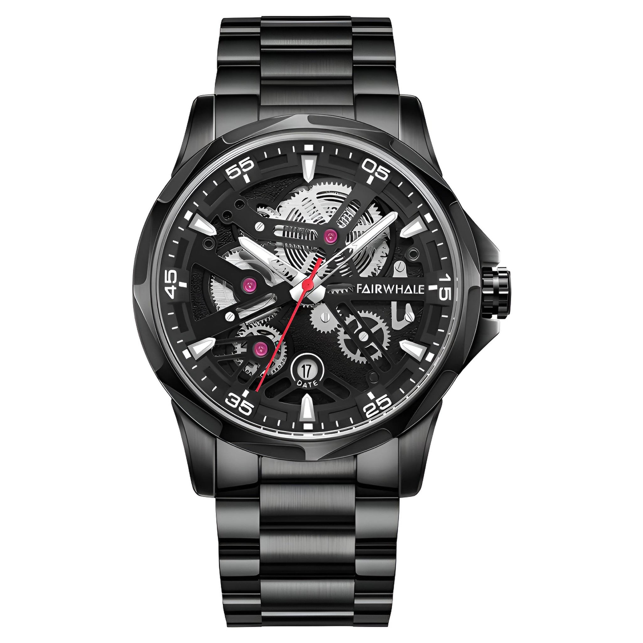 Mark Fairwhale AURIX Obsidian Axis – Black stainless steel automatic watch for men, numberless dial with luminous markers