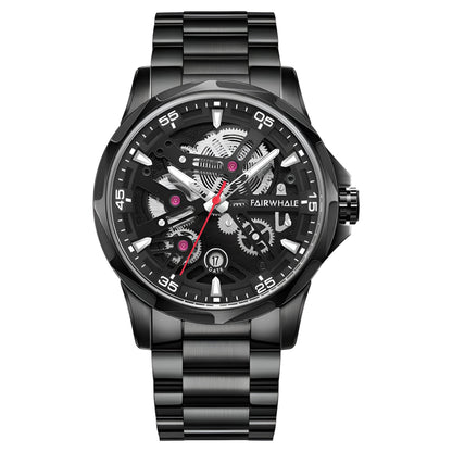 Mark Fairwhale AURIX Obsidian Axis – Black stainless steel automatic watch for men, numberless dial with luminous markers