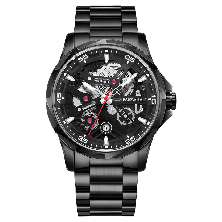 Mark Fairwhale AURIX Obsidian Axis – Black stainless steel automatic watch for men, numberless dial with luminous markers