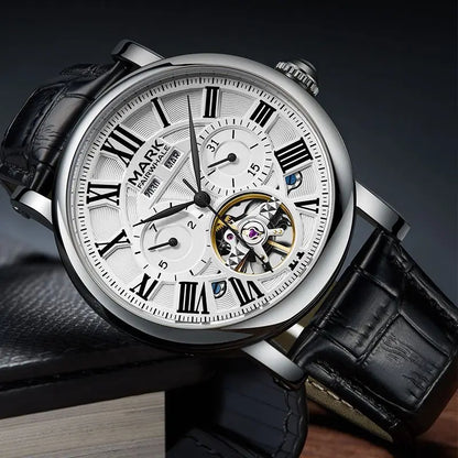 Mark Fairwhale AUTOMA 6017 luxury automatic mechanical watch for men, classic Roman numerals, multifunction calendar, and open-heart tourbillon design on leather strap.