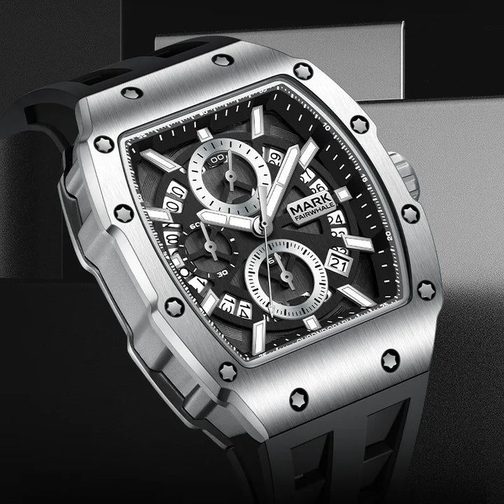 Mark Fairwhale BARONIX 5960 men’s black chronograph quartz tonneau watch