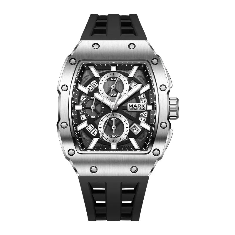 Mark Fairwhale BARONIX 5960 men’s tonneau chronograph watch stainless steel case black silicone strap