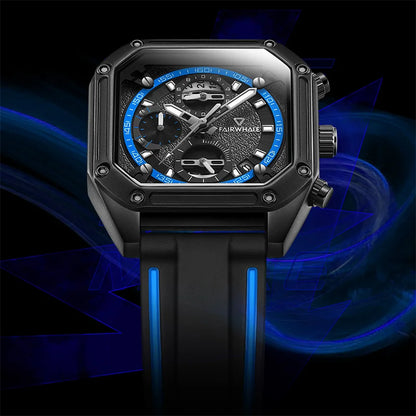 Mark Fairwhale BLUORA 5540 men’s fashion chronograph watch, square stainless steel case with black dial and blue sport strap.
