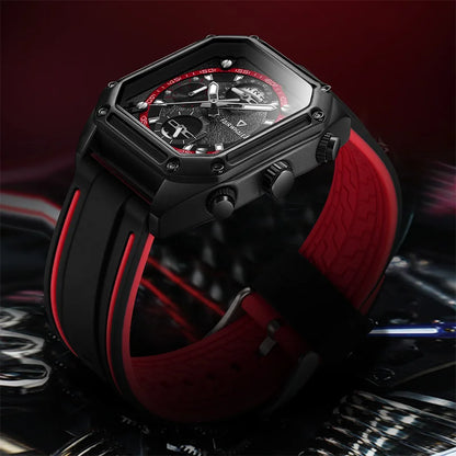 Mark Fairwhale BLUORA 5540 men’s square chronograph watch with red details and black silicone strap, modern luxury sports design.