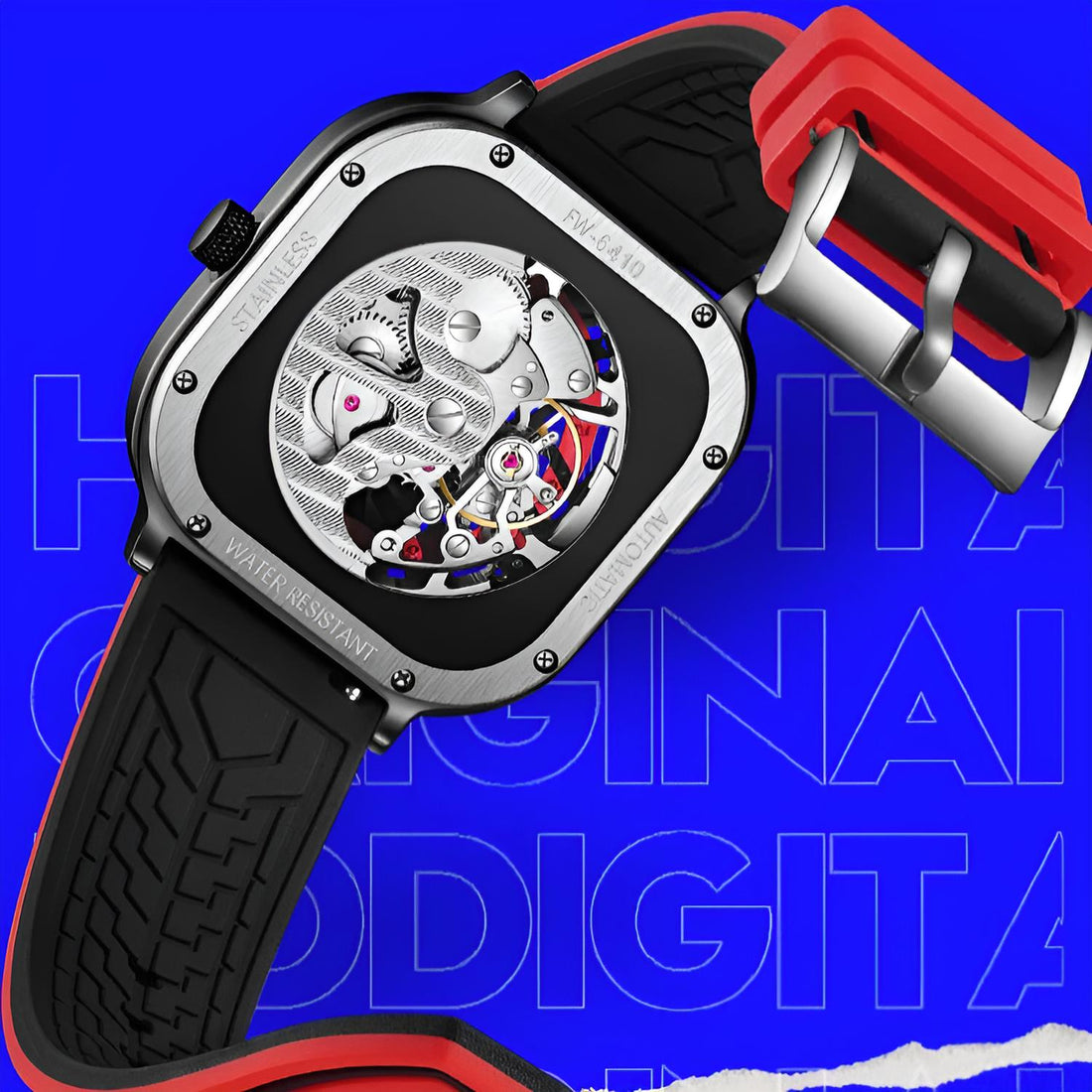 Mark Fairwhale BROOKEN FW-6410 square skeleton dial watch with black and red hybrid strap
