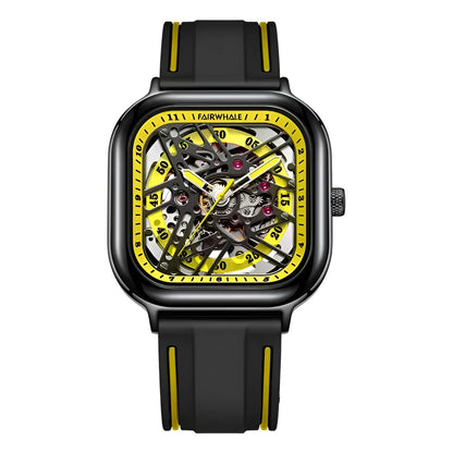 Mark Fairwhale BROOKEN FW-6410 square skeleton dial watch with black and yellow hybrid strap
