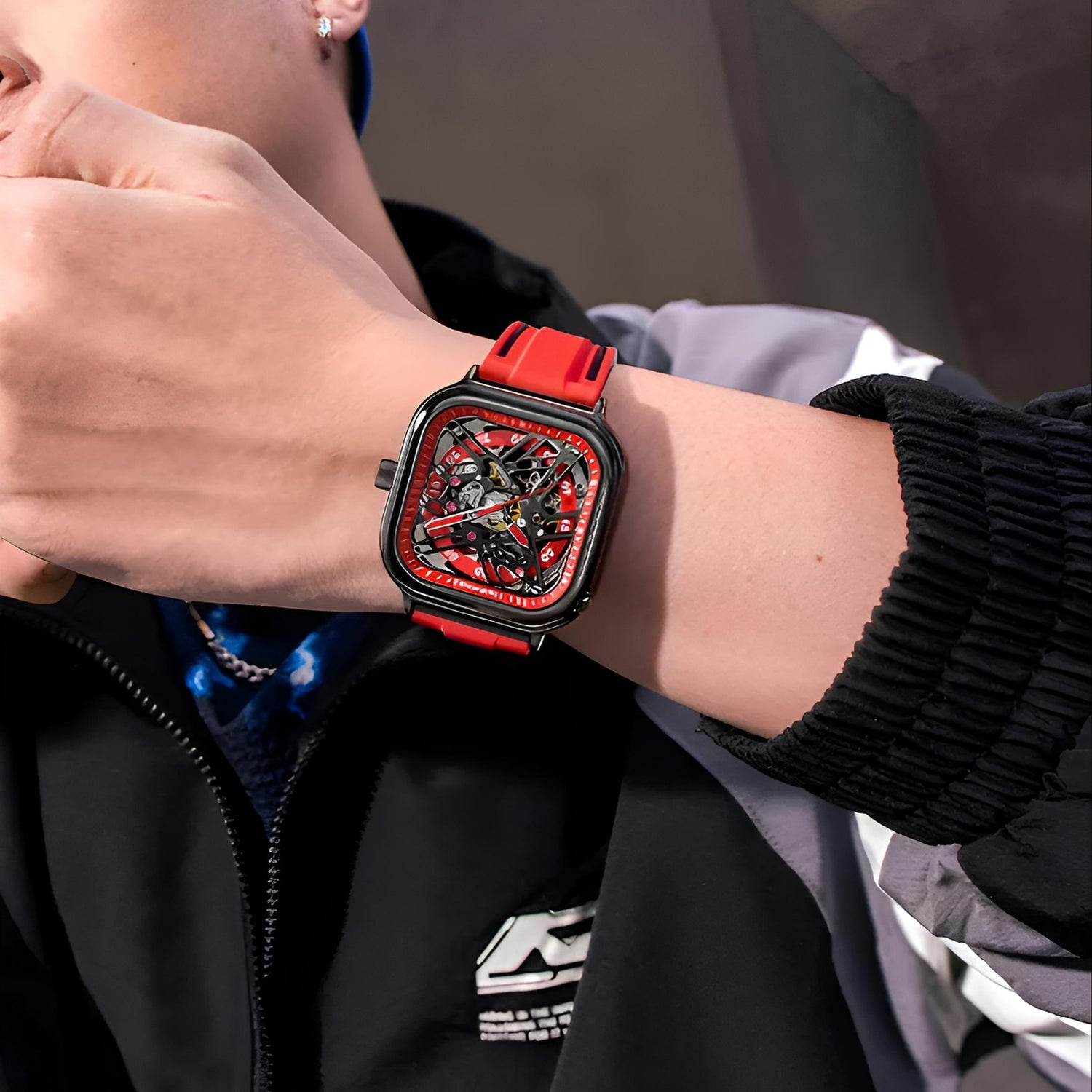 Mark Fairwhale BROOKEN FW-6410 square skeleton dial watch with black and red hybrid strap