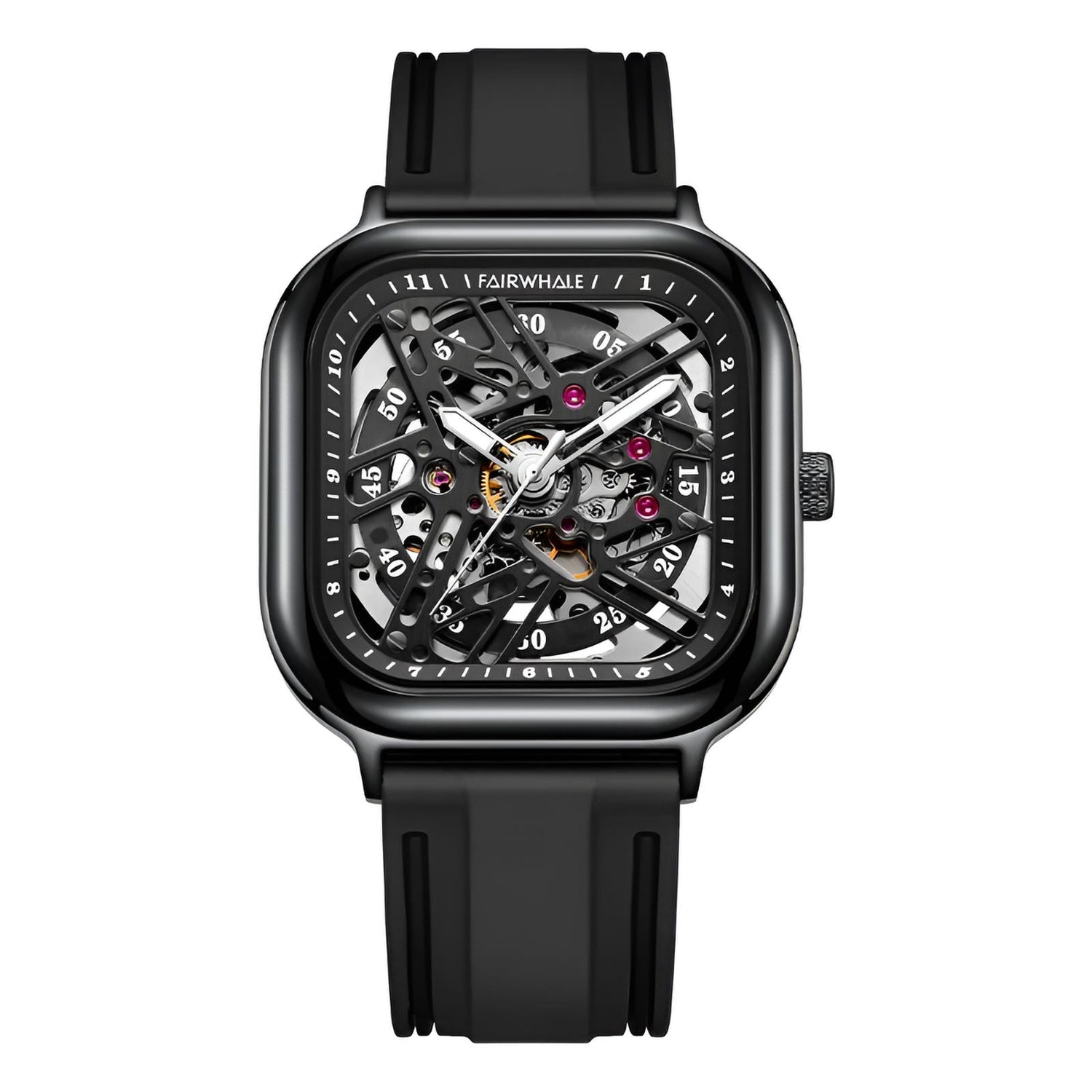 Mark Fairwhale BROOKEN FW-6410 square skeleton dial watch with black  hybrid strap