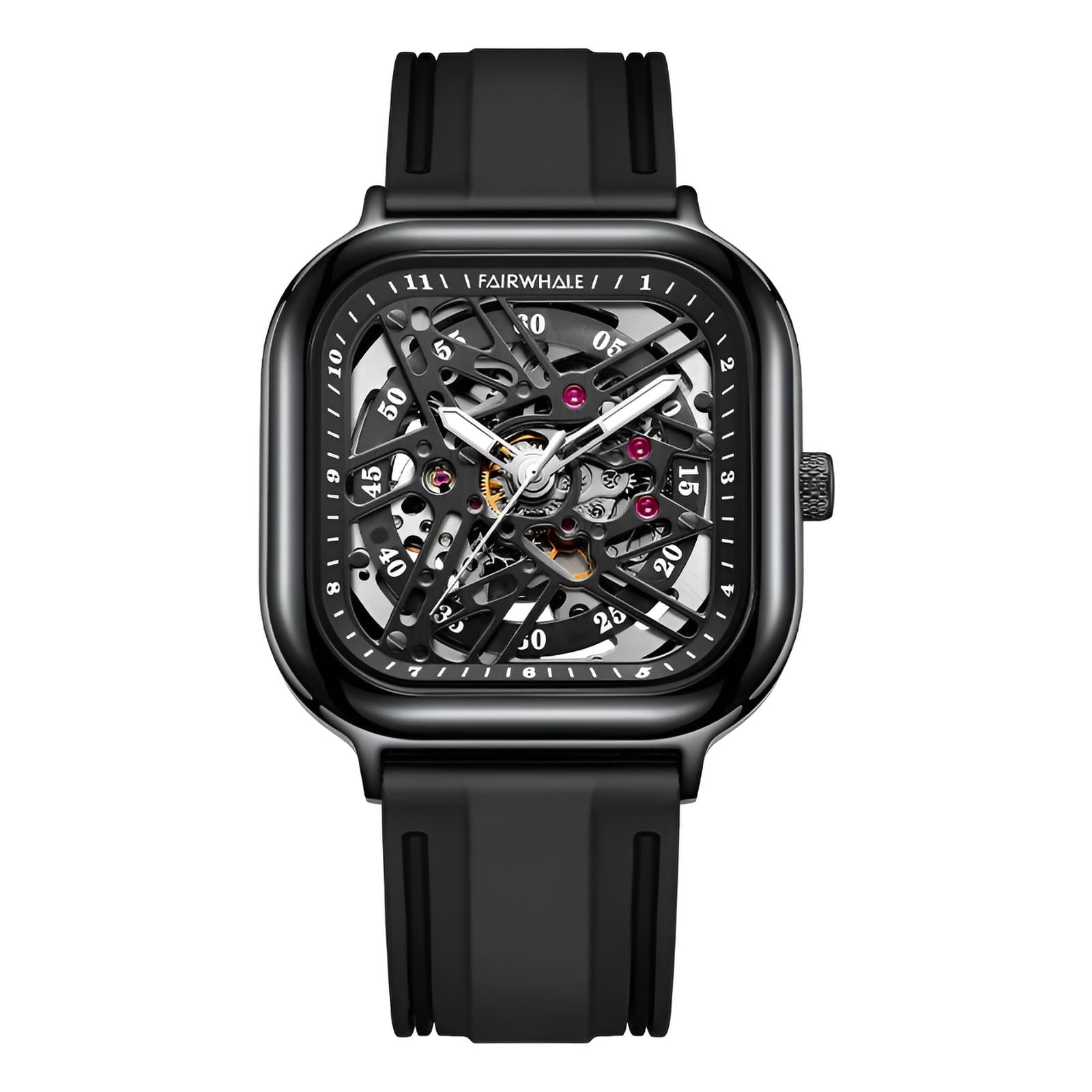 Mark Fairwhale BROOKEN FW-6410 square skeleton dial watch with black  hybrid strap