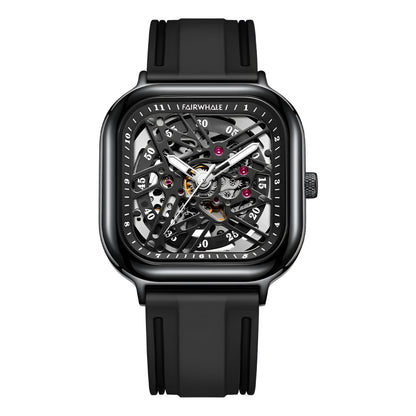 Mark Fairwhale BROOKEN FW-6410 square skeleton dial watch with black  hybrid strap