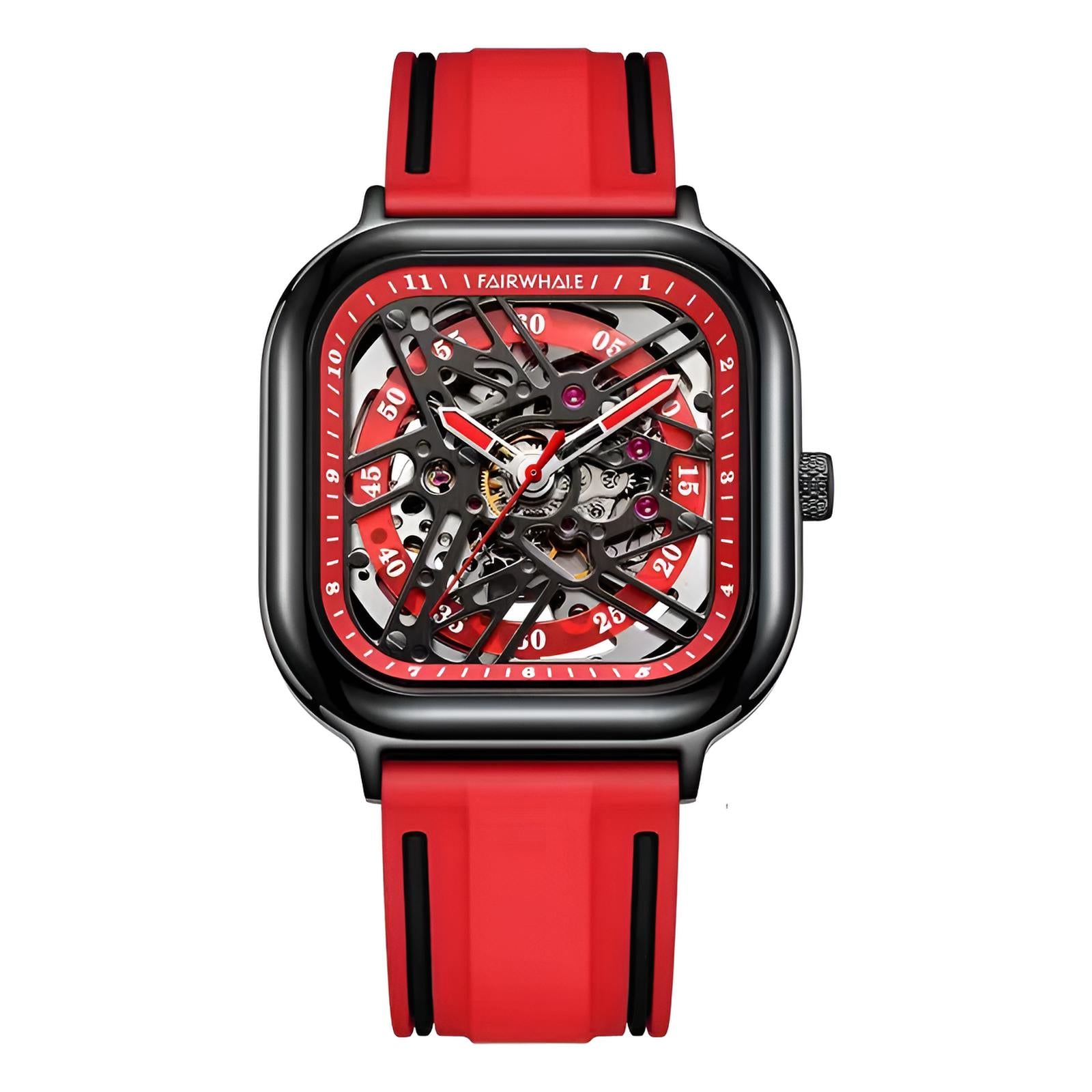 Mark Fairwhale BROOKEN FW-6410 square skeleton dial watch with black and red hybrid strap