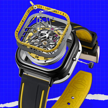 Mark Fairwhale BROOKEN FW-6410 square skeleton dial watch with black and yellow hybrid strap