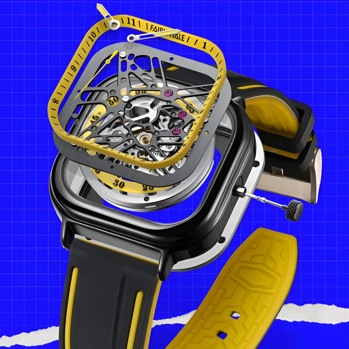 Mark Fairwhale BROOKEN FW-6410 square skeleton dial watch with black and yellow hybrid strap