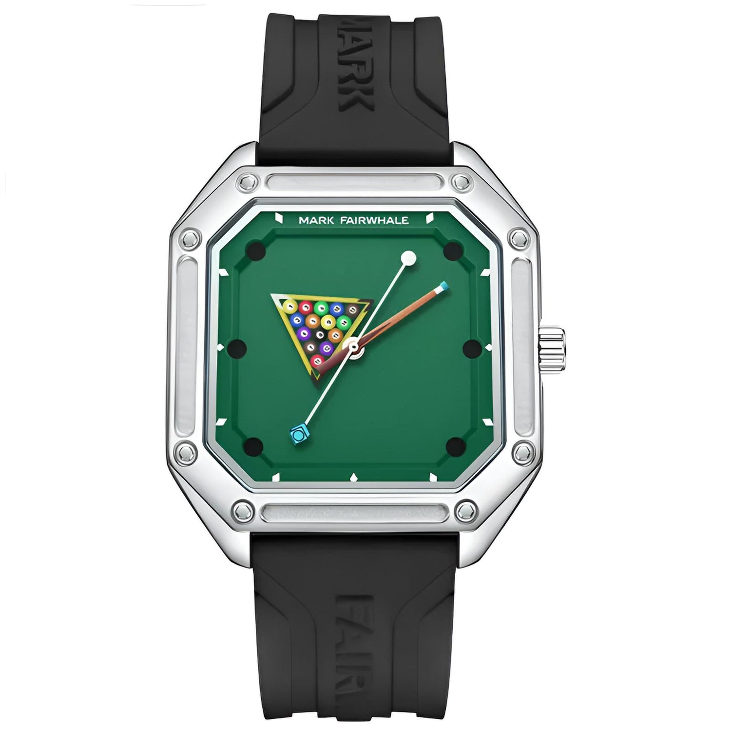 Mark Fairwhale Billiardo Black Élite – luxury men’s billiards quartz watch with square dial, black rubber strap, waterproof sports watch, pool table design wristwatch