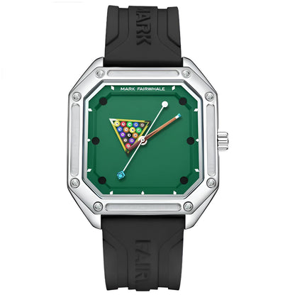Mark Fairwhale Billiardo Black Élite – luxury men’s billiards quartz watch with square dial, black rubber strap, waterproof sports watch, pool table design wristwatch